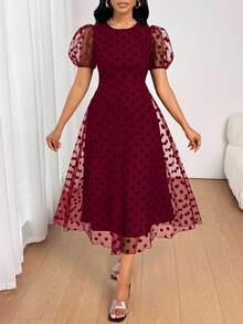 SHEIN Lady 女士优雅波尔卡圆点网眼罩层通勤连衣裙 - 酒紅色 - 查看 4