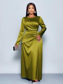 SOLERSUN Vestido de satén ajustado con drapeado lateral de unicolor elegante para mujer, adecuado para citas, fiestas y atuendos de mujer maxi - Verde Oliva - Ver 5