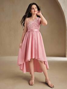 Anewsta Flower Girl High-End Sequin One Shoulder Cutout A-Line Uneven Hem Mid-Length Dress, Suitable For Weddings, Formal Events, Birthday Parties
