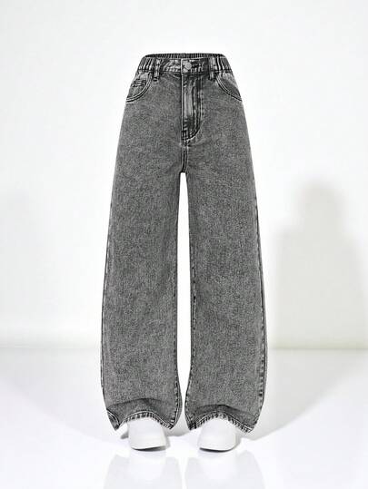 SHEIN Tween Girl Y2K Retro Light Grey Fashion Simple Casual Versatile Washed Straight Leg Jeans