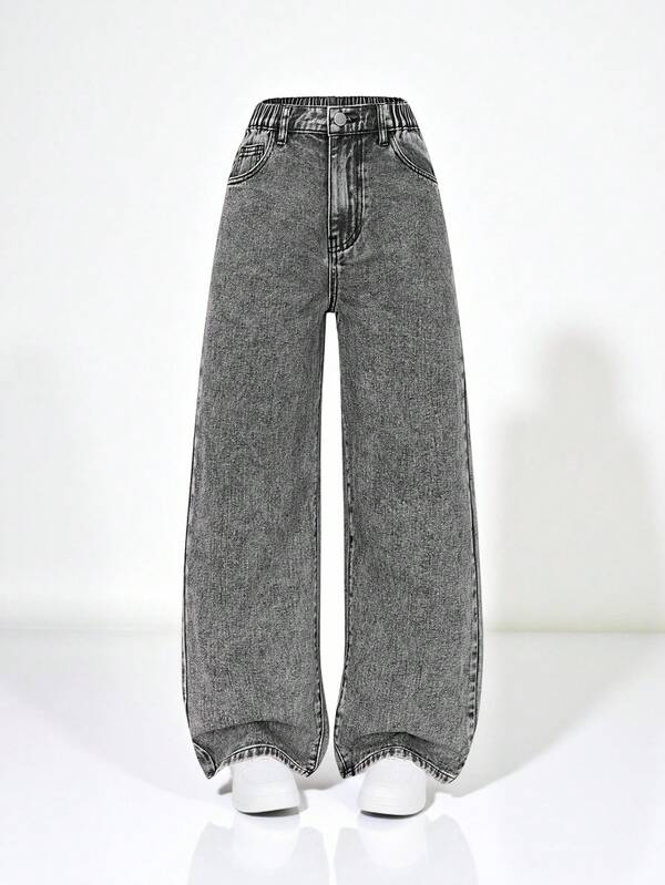 SHEIN Tween Girl Y2K Retro Light Grey Fashion Simple Casual Versatile Washed Straight Leg Jeans