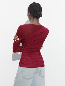 Maija Áo cánh nữ tay dài đơn giản, dáng rộng, xếp nếp bất đối xứng, phong cách công sở, thích hợp mặc vào dịp Giáng sinh, Halloween, tiệc tùng năm 2025 - Màu Đỏ Sâu - Xem 3