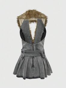 ROMWE EDITION 女式拼接毛茸茸深V领褶边性感露背牛仔连衣裙 - 灰色 - 查看 2