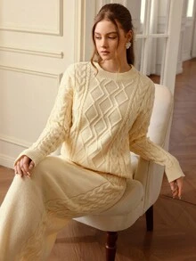 Aveloria Rosie 2件套：麻花针织圆领宽松毛衣和长裙 - 米色 - 查看 2