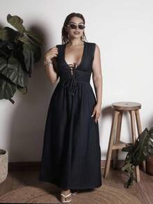 Lupita Cardoza 女式深V领无袖休闲牛仔裹身裙 - 藍色 - 查看 1