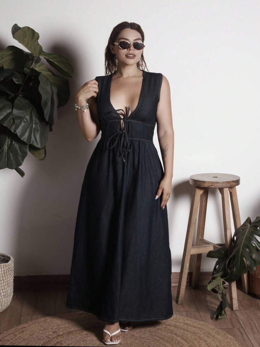 Lupita Cardoza 女式深V领无袖休闲牛仔裹身裙 - 藍色 - 查看 1