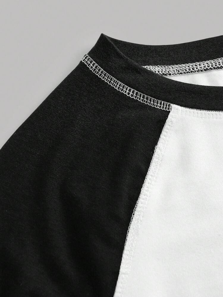 SHEIN Teen Girls' Colorblock Knit Crop Top With Raglan Sleeves, Navy Blue & White - Blue and White - View 3