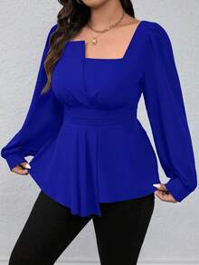 SHEIN LUNE Plus Size Square Collar Solid Color Ruffled Hem Casual Long Sleeve Shirt, For Christmas Peplum Top - Royal Blue - View 8