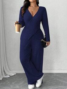 Calvaya Plus Size Soft Knit Ribbed Fabric Criss-Cross Long Sleeve T-Shirt + Soft Ribbed Wide Leg Pants Casual Homewear 2 Pieces Set - Navy Blue - View 3