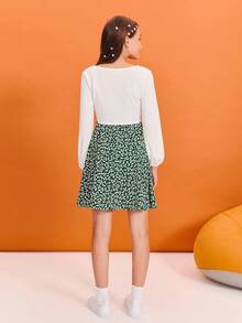 SHEIN Bộ áo khoác cardigan tay dài dệt kim trơn đơn giản dành cho bé gái tuổi mới lớn và váy yếm họa tiết hoa nhỏ xinh - Nhiều màu - Xem 2