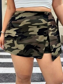Muchica 大码休闲迷彩高腰开叉短裙短裤，夏季 - 軍綠色 - 查看 1