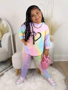 SHEIN Bộ 2 món/Bộ áo hoodie trễ vai phối viền bất đối xứng nhuộm loang màu cho bé gái và quần bó, trang phục thường ngày thoải mái khi đi học và mặc hàng ngày, phù hợp cho mùa thu/đông, phong cách đường phố, Bộ đồ 2 món Y2K cho bé gái Bộ đồ thoải mái cho bé gái Bộ đồ 2 món tay dài cho bé gái Bộ đồ 2 món khi trở lại trường - Nhiều màu - Xem 4