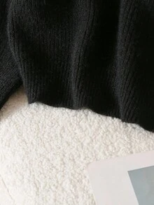 Girls' Bowknot Cropped Round Neck Pullover Sweater, Cute & Sweet Fashion Chunky Knit Fall Winter - Black - View 7