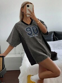 DAZY Women V-Neck Contrasting Color Letter Loose Denim Short Sleeve Tee - Grey - View 3