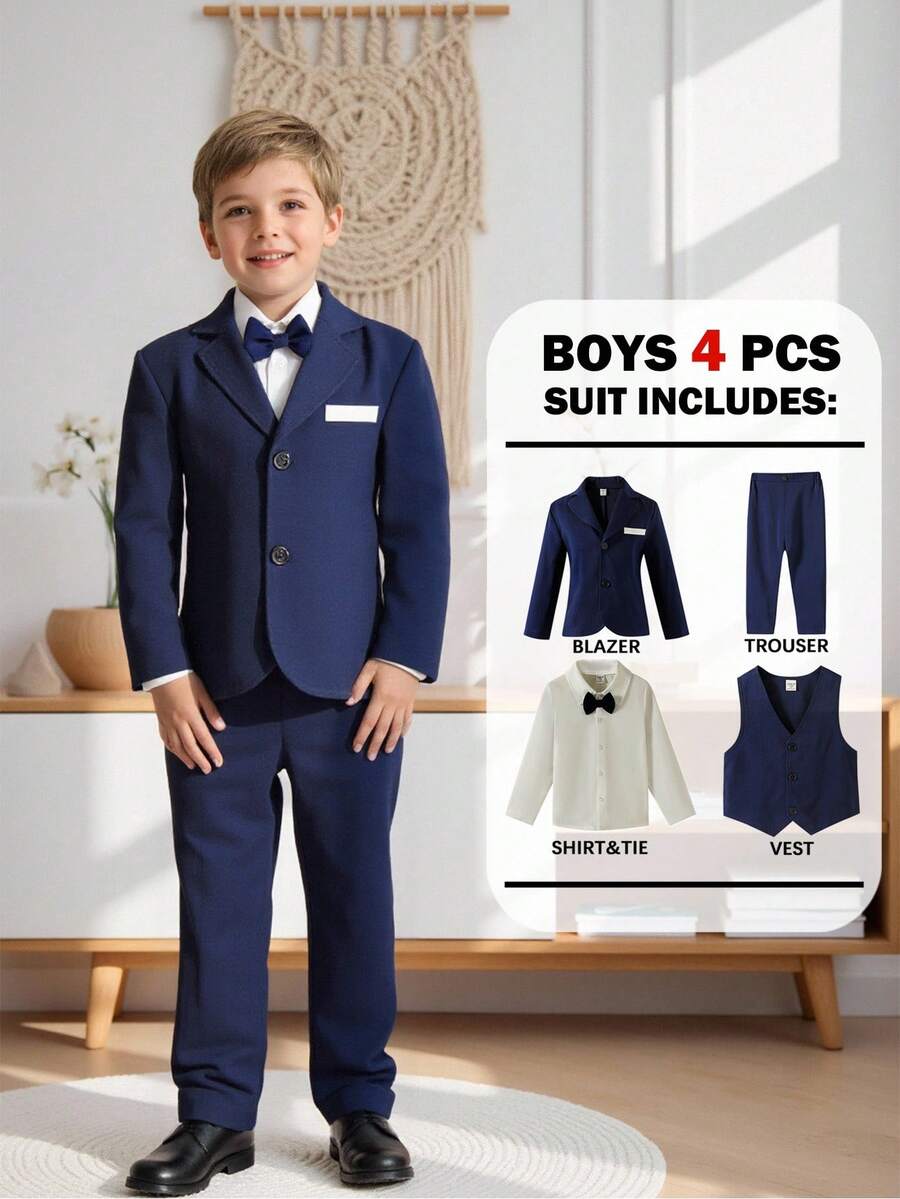 4-Piece Toddler Boys Gentleman Outfit Set: Navy Blue Collar Lapel Long Sleeve Suit Jacket, White Long Sleeve Collared Shirt With Navy Blue Bowknot, Navy Blue Waistcoat, And Formal Suit Pants. Perfect For Birthday Parties, Formal Events, Weddings, Christenings, Baptisms, And Anniversaries. Fall Winter
