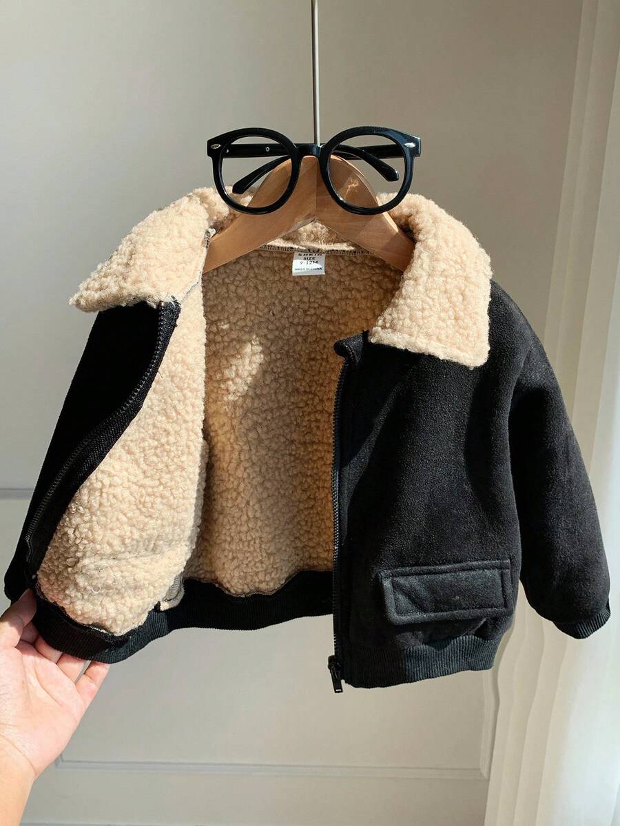 SHEIN 1. 男婴保暖加厚夹克，机车夹克，冬季外套：舒适百搭，简约风格，适合室内、室外、滑雪、日常穿着、运动、玩耍、派对节日、万圣节、圣诞节、新年、街头服饰等场合。 - 黑色 - 查看 1