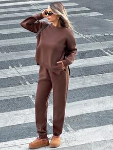 SHEIN Tall Conjunto de dos piezas de sudadera con detalle de abertura lateral en unicolor de temporada y pantalón jogger ajustado en talla alta