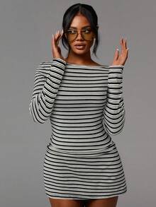 Athîral Women's Striped Boat Neck Long Sleeve Fitted Mini Dress
