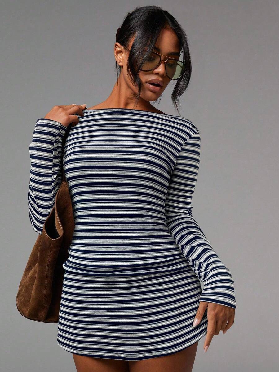 Athîral Women's Casual Commuter Striped Bodycon Mini Dress,Fall