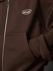 SUMWON 超大号短款拉链连帽衫，冬季秋季街头休闲宽松全拉链厚重毛衣，配有前袋和可调节风帽 - 巧克力棕 - 查看 5