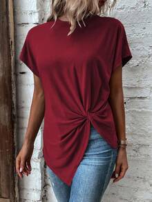 EMERY ROSE Women's Short Sleeve Knotted Casual Loose Solid Color T-Shirt - Red - View 6