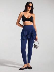 Menodora SHEIN Sport Quần váy thể thao dệt kim viền nhún bèo - Xanh đậm - Xem 3
