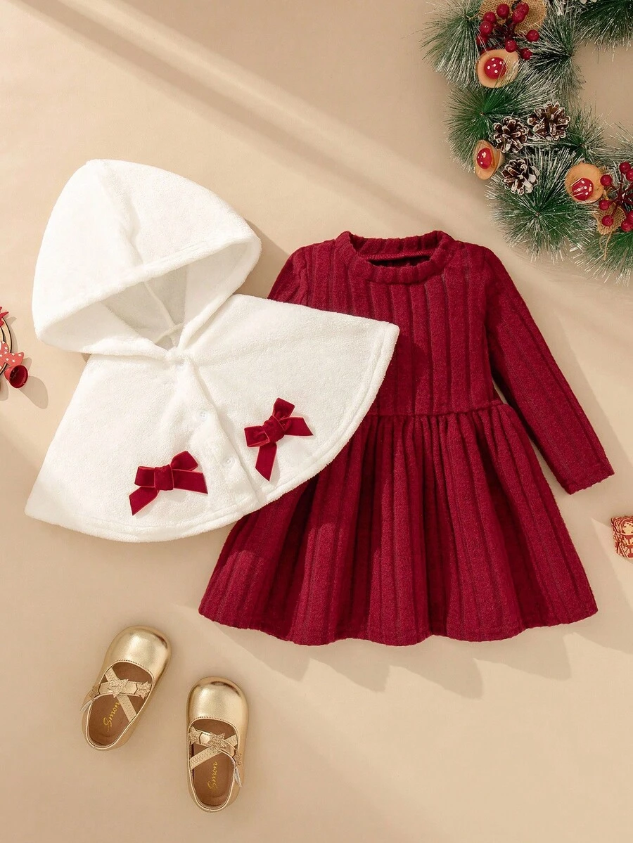 SHEIN 1 套女孩优雅秋冬装 - 酒红色长袖连衣裙 + 白色蓬松蝴蝶结斗篷，2 件 - 紅白色 - 查看 1