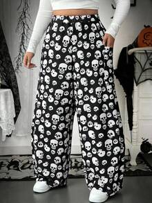 EMERY ROSE Halloween Plus Size Fashionable Skull Print Loose Pants Fall Cloth For Women - Black - View 1