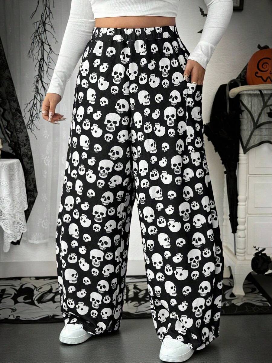 EMERY ROSE Halloween Plus Size Fashionable Skull Print Loose Pants Fall Cloth For Women - Black - View 1