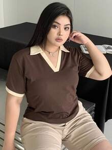 Dazy Petite Plus Color Block Collar Fitted Cropped T-Shirt, Brown, Spring/Summer - Brown - View 4