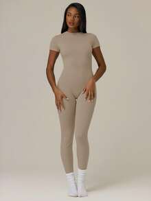 MUSERA ESSENTIALS Soft Touch Cap Sleeve Fitted Jumpsuit Catsuit Basic Cute Casual Summer Vacation Festival Concert Fall Autumn Everyday Spring Elegant - Brown - View 4