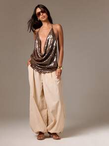 AiiRZ Top halter con cuello de cowl con lentejuelas, cuello drapeado y detalle de lazo en la espalda para ocasiones de fiesta de noche