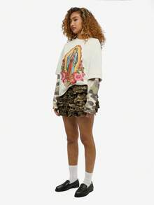 SUMWON WOMEN تنورة قصيرة متعددة الطبقات مطرزة بطبعة الكاموفلاج ذات خصر عالي، طبقات متدرجة، مناسبة للحفلات والمهرجانات والصيف والشاطئ والاستخدام اليومي، موضة جذابة - أخضر عسكري - مشاهدة 4