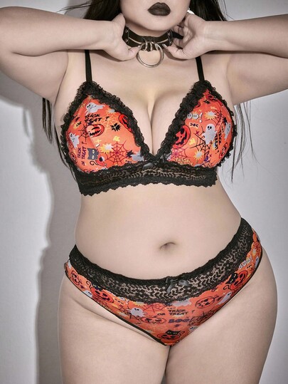 Goth Conjunto de sujetador y pantis de talla grande con adornos de encaje de calabaza, fantasma y telaraña de estilo gótico para Halloween