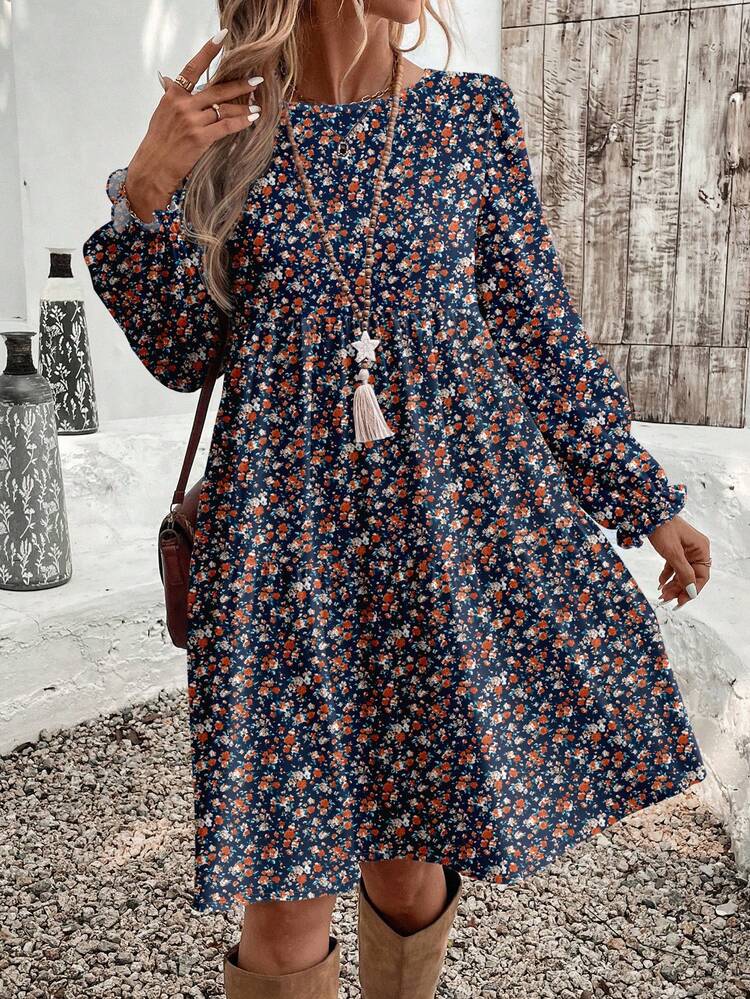 Casual Elegant Women's Midi Ditsy Floral Dress, Autumn/Winter Long Sleeve Floral Dress