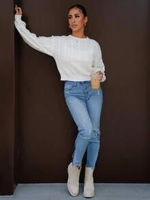 SAYEHFBABY Damen einfarbiger Rundhals Langarm einfacher Pullover, lässig für den täglichen Gebrauch, Langarm Oberteile