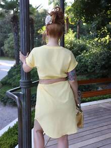 Gretanique 女士度假休闲纯色前扣连衣裙 - 黃色 - 查看 2