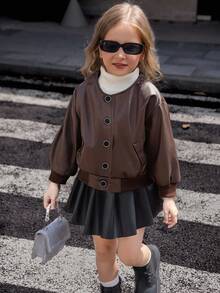 Elladie kids Áo khoác da PU cổ tròn tay dài màu nâu phong cách đường phố dành cho bé gái, thiết kế đơn giản với hàng nút viền đen đơn, túi giả, cổ tay và gấu áo có gân, áo khoác thời trang và thoải mái cho mùa xuân/thu - màu nâu - Xem 3