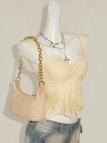 SHEIN ICON 女式褶饰前开襟性感网眼拼接盖袖露背休闲度假短款背心 - 米色 - 查看 5