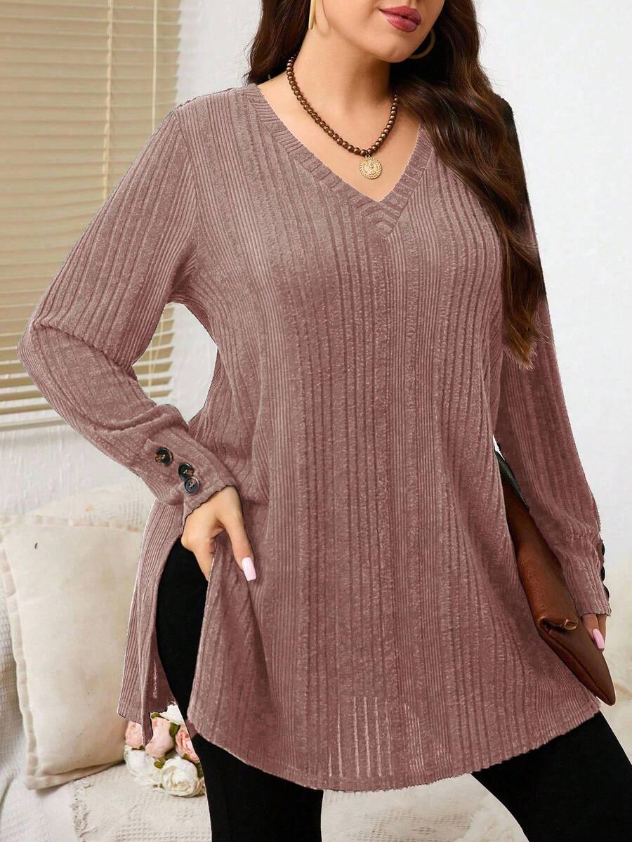 EMERY ROSE Camiseta holgada de mujer talla grande con cuello en V acanalado, decoración de botones y bajo dividido, para uso casual y diario, primavera/otoño - Marrón - Ver 1