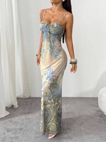 SHEIN PETITE 杏色碎花吊带裙，适合秋冬和春夏度假 - 彩色 - 查看 3