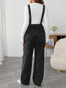SHEIN Maternity Cargo Pocket Wide Leg Loose Casual Denim Bib Overall Jumpsuit