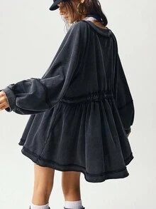 Bohemela Casual Solid Color Knit Loose Women Mini Dress - Black - View 7