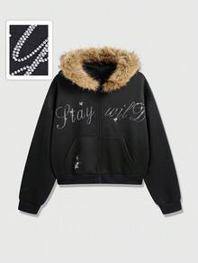 ROMWE MEN Street Life Men's Rhinestone Letter Embellished Hooded Sweatshirt - Black - View 1