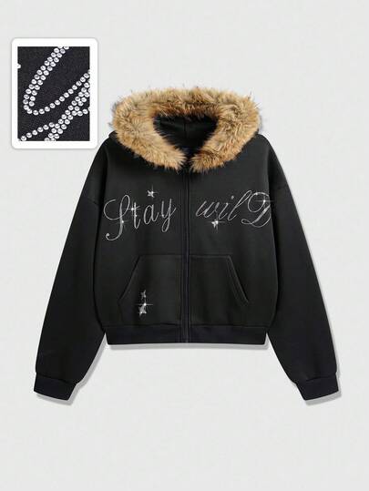 Street Life Sudadera con capucha para hombres con aplicaciones de letras de rhinestone