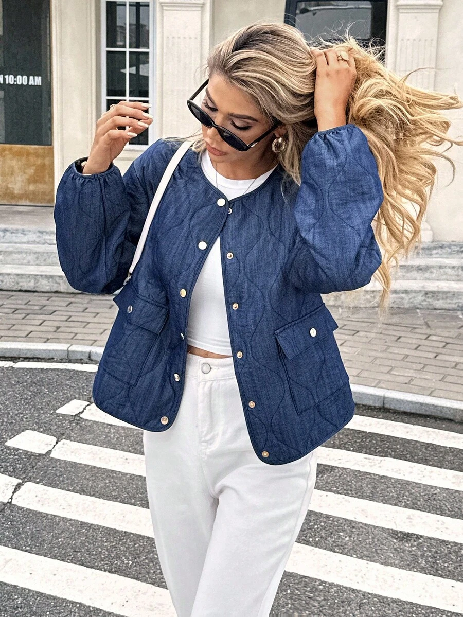 SHEIN Frenchy 女士休闲纯色夹克，秋季 - 藏蓝色 - 查看 1