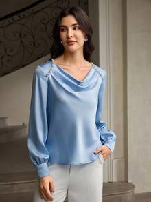 ZEYLAH Women's Elegant French Collar Faux Pearl Decor Solid Color Blouse - Purple - View 3