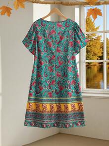 EMERY ROSE Plus Size Boho Beach Women Outfits V-Neck Vintage Printed Ruffle Sleeve Summer Holiday Dress - Multicolor - View 2