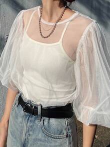 FRIFUL 女式纯棕色圆领泡泡袖透视网眼宽松休闲分层上衣 - 米色 - 查看 4