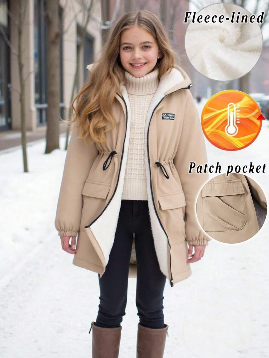 SHEIN Chaqueta de forro polar de longitud media holgada con capucha, bolsillos con cordón ajustable, estilo militar casual, para ir y venir y actividades al aire libre, abrigo parka, vuelta al colegio, abrigo de invierno para niñas, chaqueta forrada térmica para niñas, chaqueta para niñas, chaqueta con capucha para niñas, abrigo parka para niñas en otoño - Caqui - Ver 1